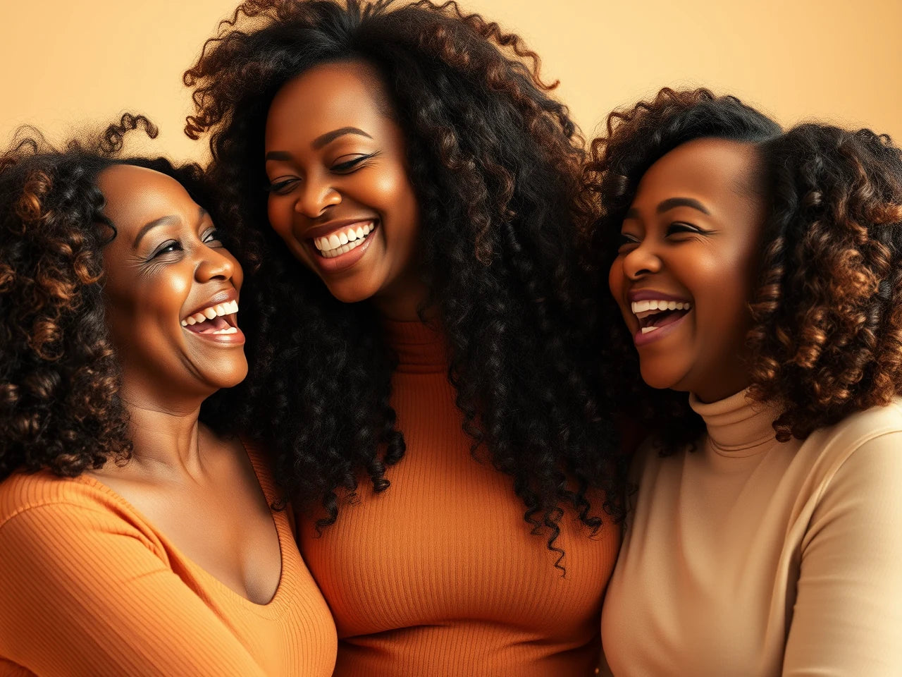 Three women laughing together, each wearing a natural human hair wig
