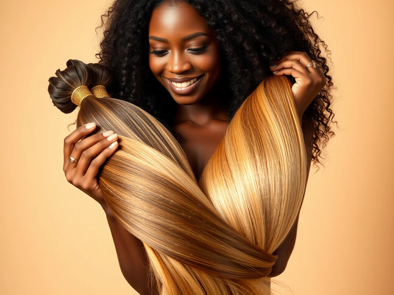Glossy bundles of 100% responsibly collected human hair